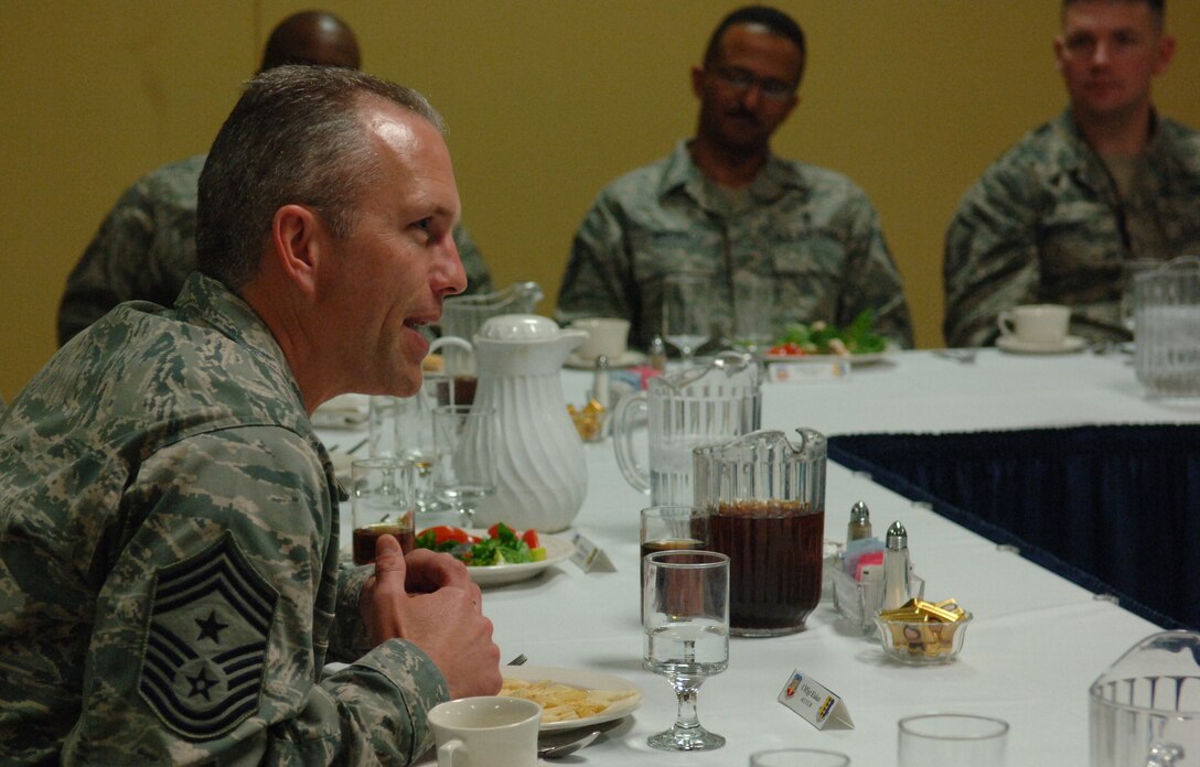 Chief Master Sgt. Martin Klukas, Air Combat Command command chief, speaks with senior non-commissioned officers during a luncheon at the Dakota’s Club on Ellsworth Air Force Base, S.D., April 15, 2011. During his visit, Chief Klukas listened to questions and concerns from Airmen across the base. (U.S. Air Force photo by Senior Airman Jarad A. Denton)