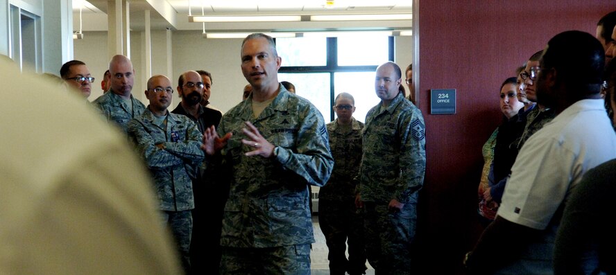 Chief Master Sgt. Martin Klukas, Air Combat Command command chief, speaks with Airmen at the Air Force Financial Services Center at Ellsworth Air Force Base, S.D., April 15, 2011. During his visit, Chief Klukas listened to questions and concerns from Airmen across the base. (U.S. Air Force photo by Senior Airman Jarad A. Denton)