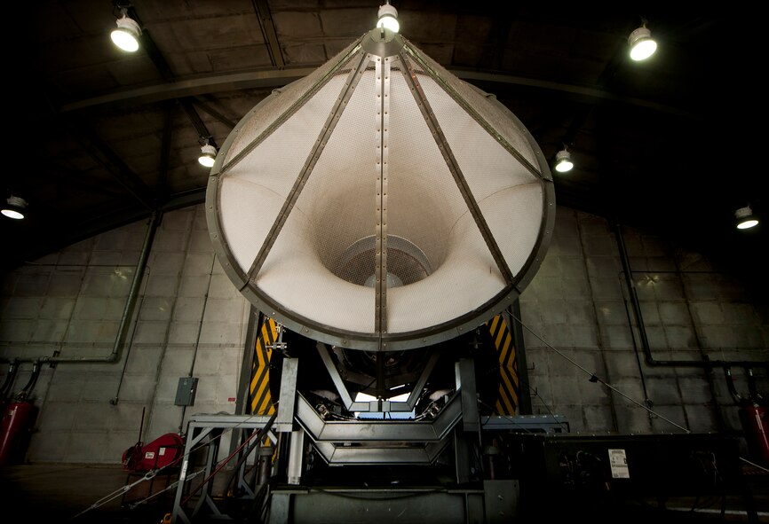 MOODY AIR FORCE BASE, Ga.--  A TF-34 engine sits on a T-20 C engine test stand before receiving maintenance and undergoing an engine run April 14. Before the engine run could be performed, the engine’s oil filter had to be replaced with a new one. (U.S. Air Force photo/Airman 1st Class Joshua Green)(RELEASED)
