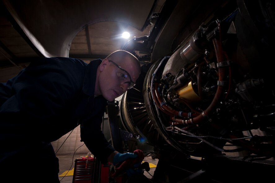 MOODY AIR FORCE BASE, Ga.-- Senior Airman Christian Franco, 23rd Component Maintenance Squadron propulsion flight test cell journeyman, gives a final spot check after completing maintenance on a TF-34 engine to ensure all the equipment is installed properly before an engine run April 14. Before an Airman is allowed to perform an engine run, they need six months of on-the-job training and have to complete a two-day course. (U.S. Air Force photo/Airman 1st Class Joshua Green)(RELEASED)

