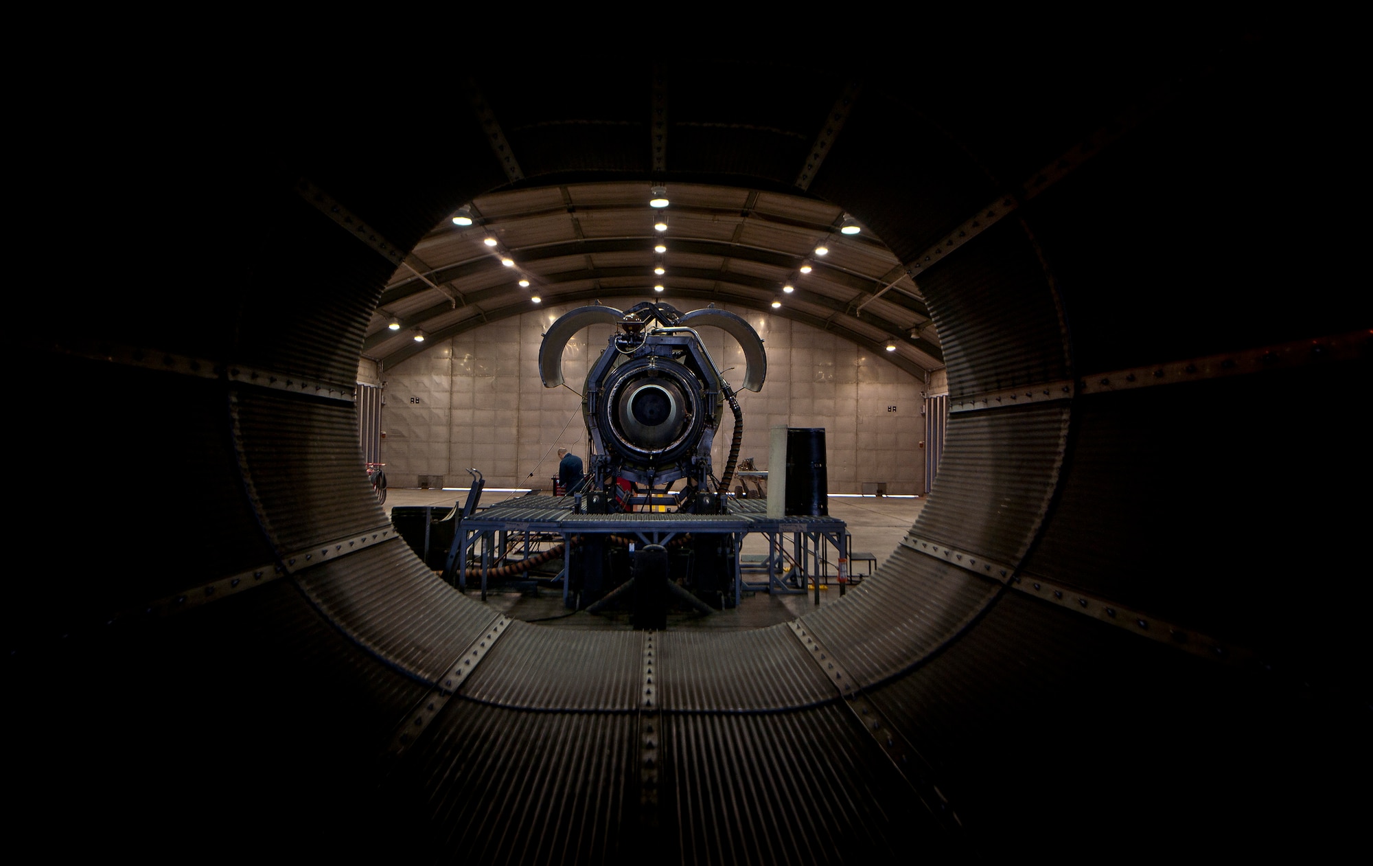 MOODY AIR FORCE BASE, Ga.-- A TF-34 engine sits on a T-20 C engine test stand before receiving maintenance and undergoing a engine run April 14. An engine run is when an uninstalled engine is put on an engine stand and tested for functionality. Airmen who are qualified to run uninstalled engines have to get recertified every six months. (U.S. Air Force photo/Airman 1st Class Joshua Green)(RELEASED)
