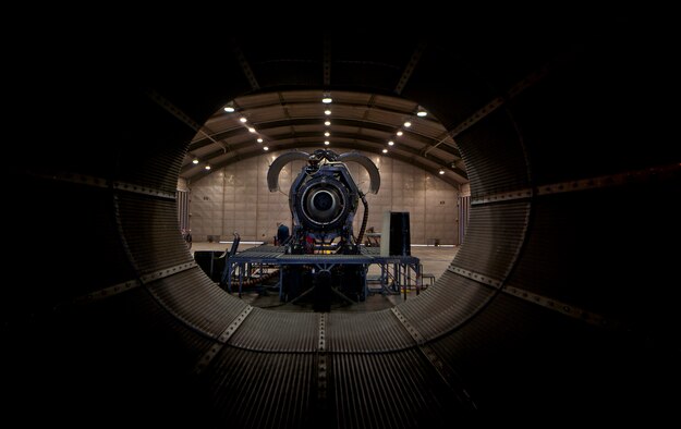 MOODY AIR FORCE BASE, Ga.-- A TF-34 engine sits on a T-20 C engine test stand before receiving maintenance and undergoing a engine run April 14. An engine run is when an uninstalled engine is put on an engine stand and tested for functionality. Airmen who are qualified to run uninstalled engines have to get recertified every six months. (U.S. Air Force photo/Airman 1st Class Joshua Green)(RELEASED)
