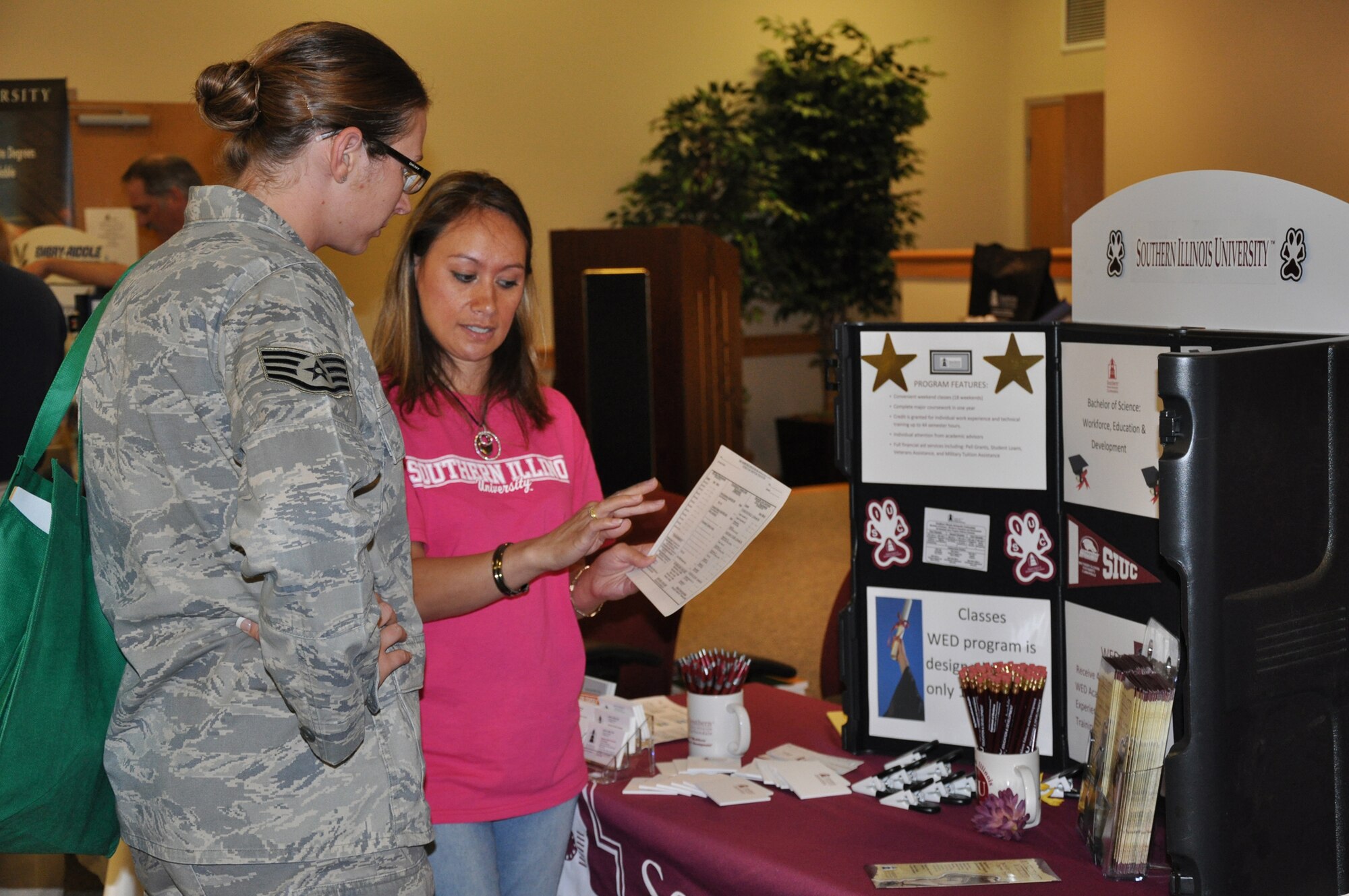 Joint Base Charleston hosted an education fair Friday April 15 for military members, families and retirees. More that 25 colleges and universities gave out information about undergraduate and graduate programs as well as door prizes to lucky fairgoers. (U.S. Air Force Photo/ 1Lt Joe Simms)