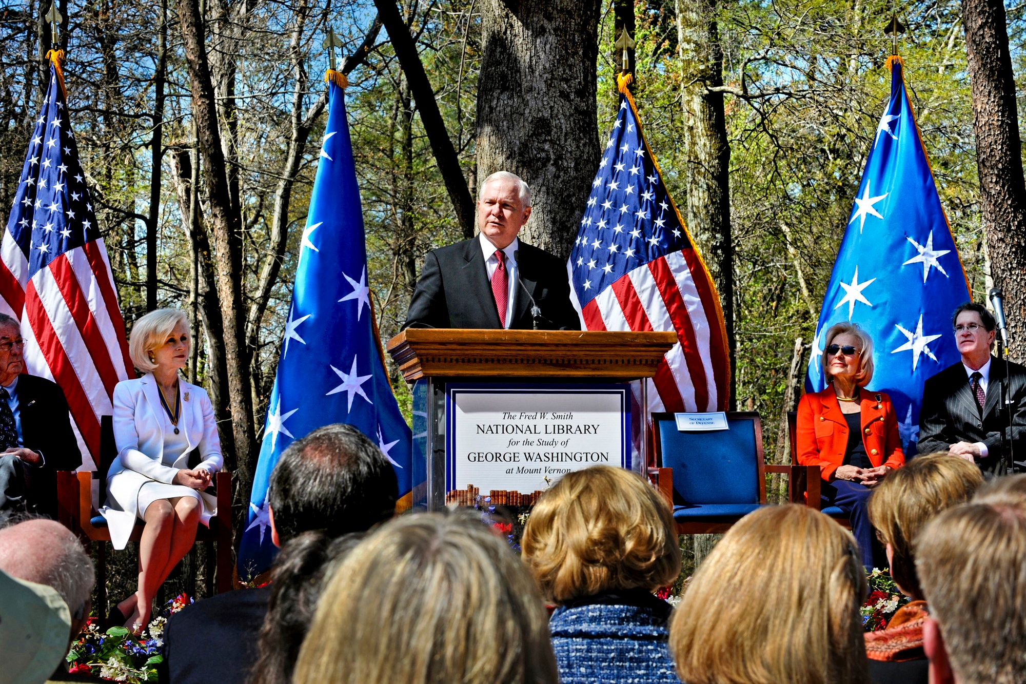 Secretary of Defense Robert M. Gates delivers the keynote address at the April 14, 2011, groundbreaking ceremony for the George Washington presidential library at Mount Vernon, Va.  His address centered on the need to balance idealism with realism.  (Defense Department photo/R. D. Ward)