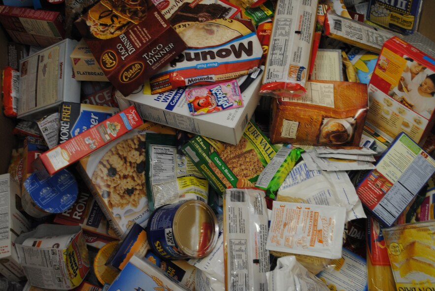 Dry goods along with non-perishable canned food, personal hygiene products, paper products and baby items were collected during the annual Scouting for Food event April 9.  The food drive collected 21,116 pounds of food from the Great Falls community. (U.S. Air Force photo/Airman Cortney Hansen)