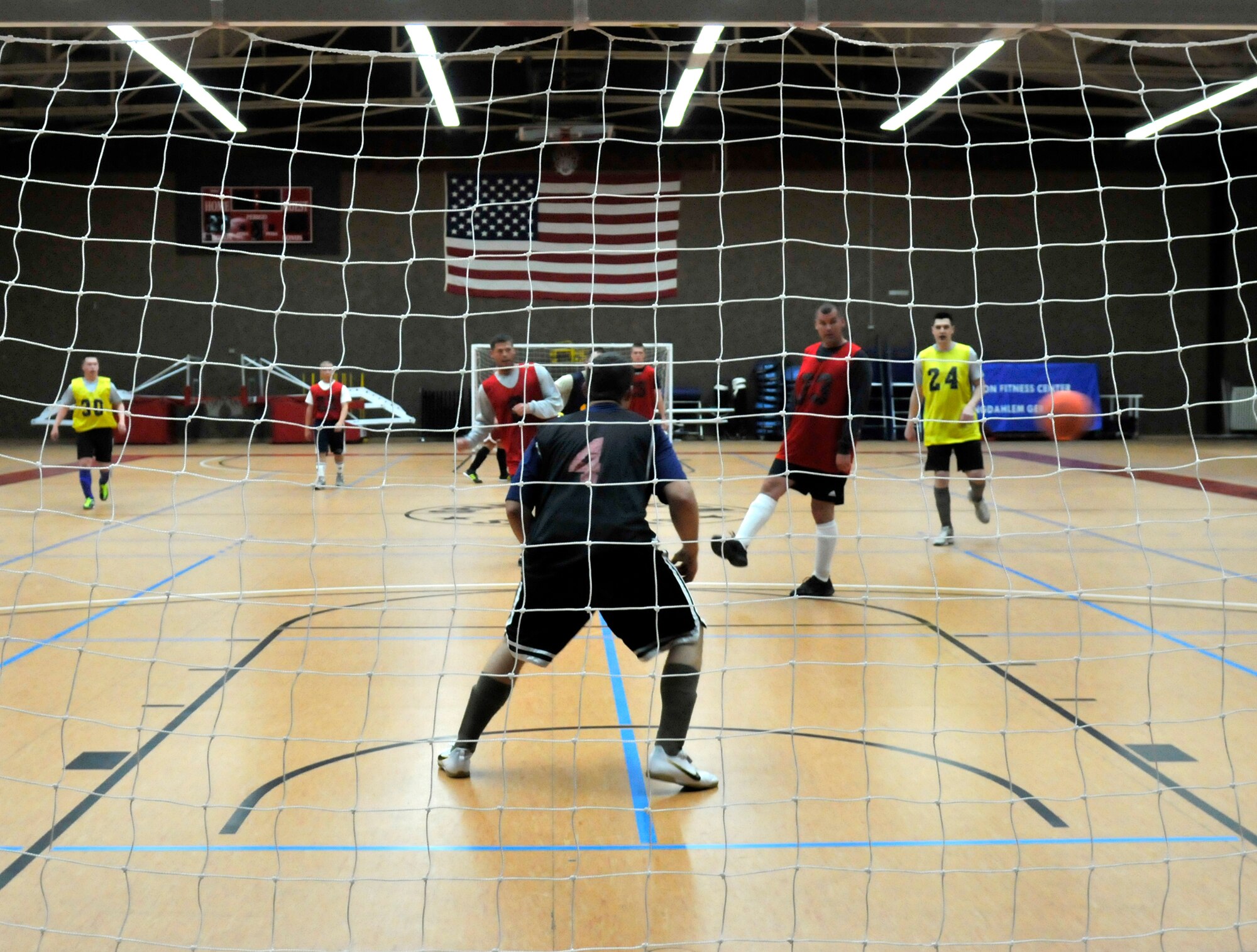 SPANGDAHLEM AIR BASE, Germany - Joseph Farsetta, 52nd Civil Engineer Squadron goalie, defends the goal from 702nd Munitions Support Squadron opponents during an intramural soccer game April 14 at the Skelton Memorial Fitness Center. The 702nd MUNSS defeated the 52nd CES 6-3. (U.S. Air Force photo/Airman 1st Class Brittney Frees)