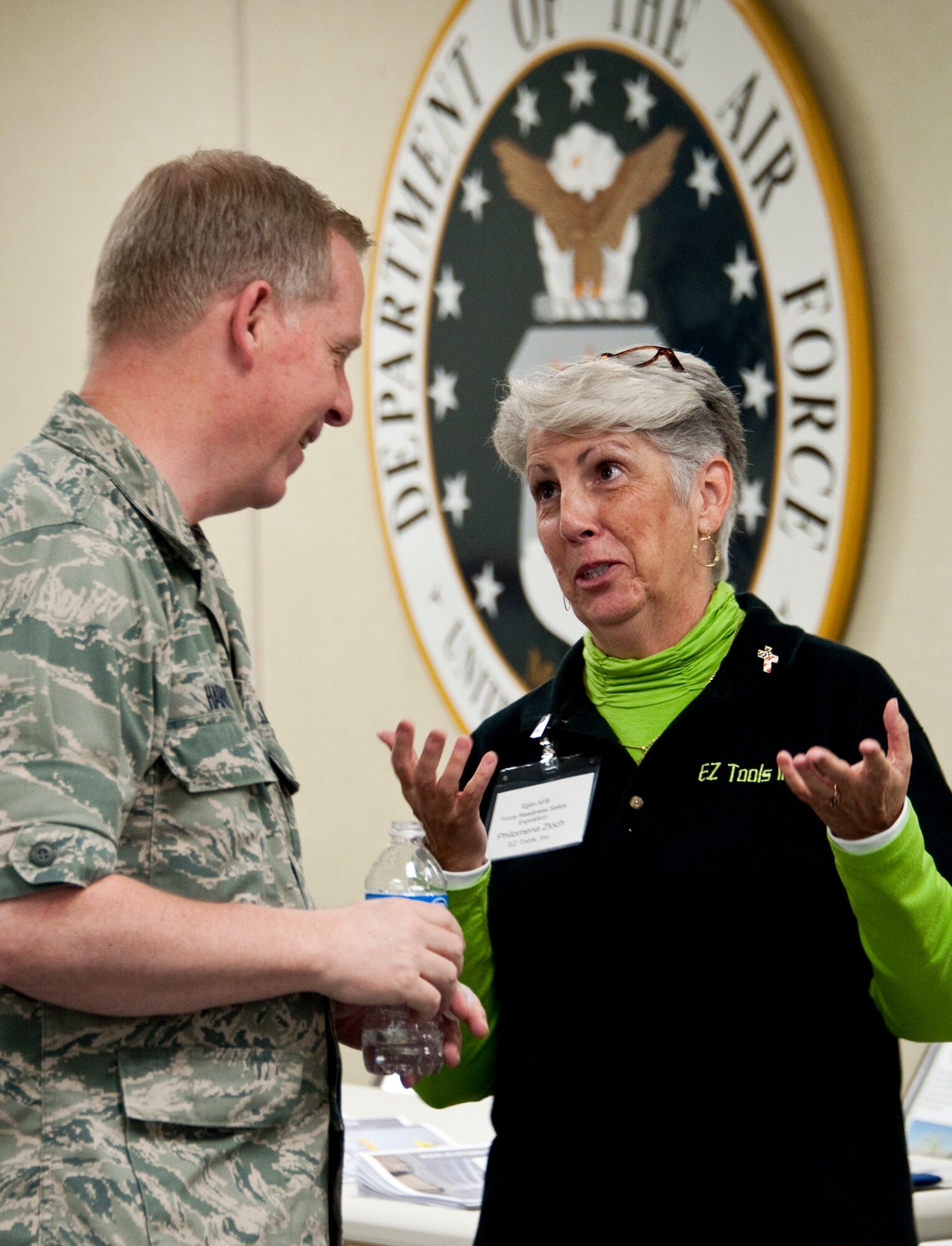 Col. David Harris, Air Armament Center vice commander, chats with one of the vendors at the Eglin Safety Expo April 14.  The expo featured exhibits and demonstrations from vendors offering the newest safety equipment and technology.  (U.S. Air Force photo/Samuel King Jr.)