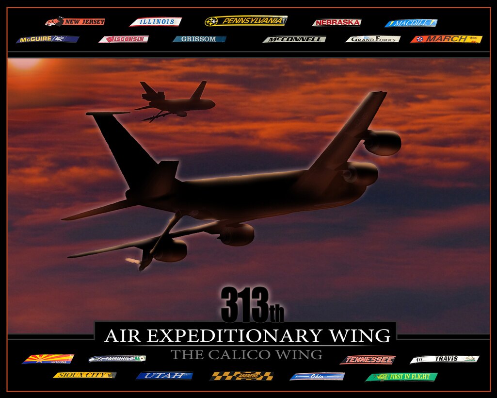 EUROPEAN THEATER -- The 406th Air Expeditionary Wing was eventually redesignated as the 313th AEW following Col. Chad Manske's, 100th Air Refueling Wing commander, departure.The tail flashes represent all of the bases supporting the 313th AEW, which is responsible for air refueling in support of Operation Odyssey Dawn and now Operation Unified Protector. (U.S. Air Force Graphic illustration/Tech. Sgt. Shawn Monk)