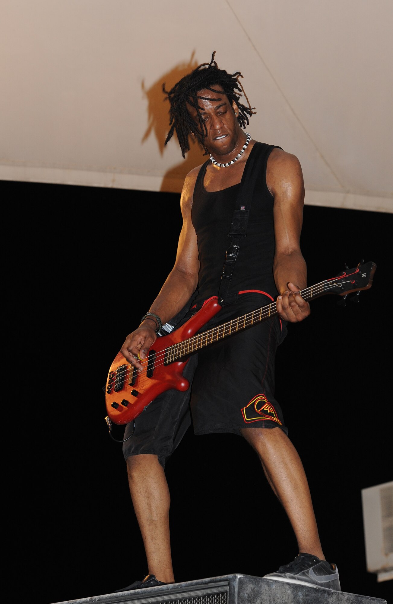 Bass player Isaac Shields from the Along Those Lines alternative rock band, plays his guitar during an Armed Forces entertainment live show at Memorial Plaza, April 13 in Southwest Asia. (U.S. Air Force photo/Staff Sgt. Liliana Moreno)                        