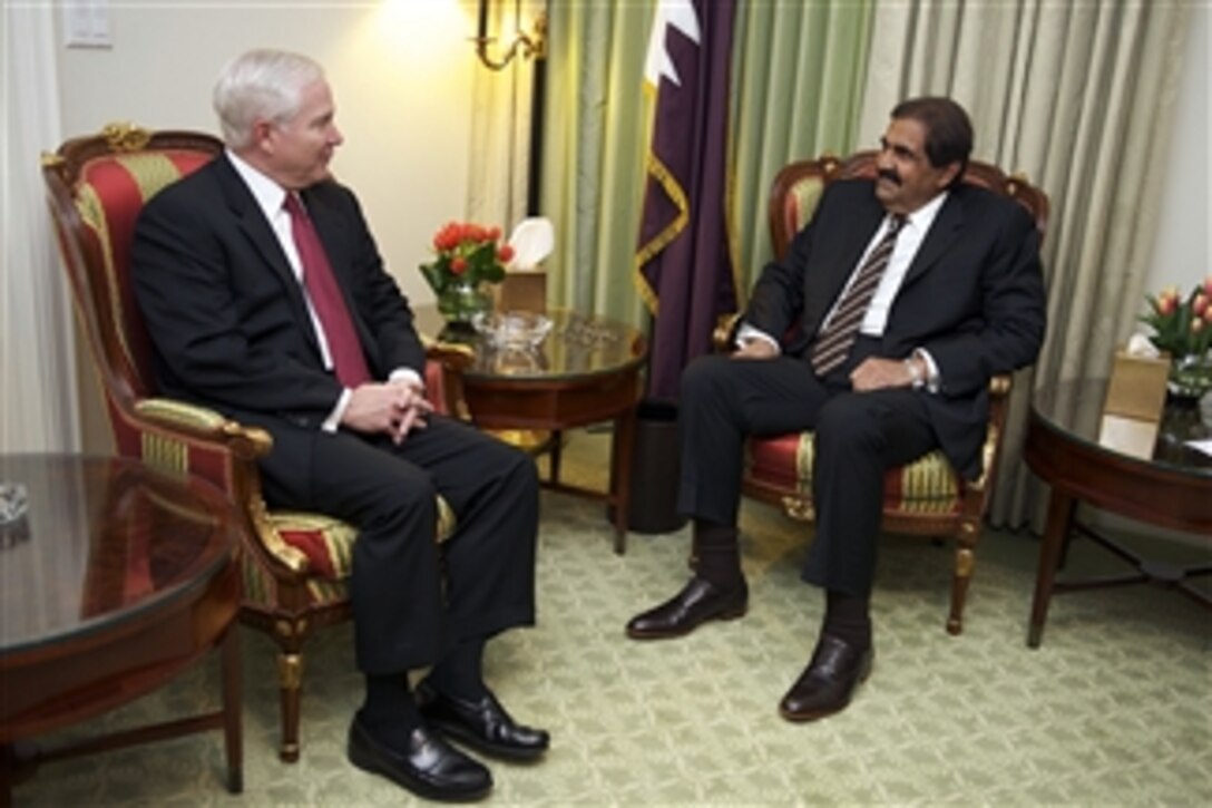 Secretary of Defense Robert M. Gates meets with the Amir of Qatar Amir Hamad bin Khalifa Al-Thani in the Four Season's Hotel in Washington, D.C., on April 14, 2011.  