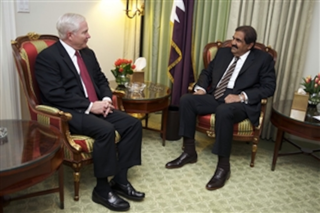 Secretary of Defense Robert M. Gates meets with the Amir of Qatar Amir Hamad bin Khalifa Al-Thani in the Four Season's Hotel in Washington, D.C., on April 14, 2011.  