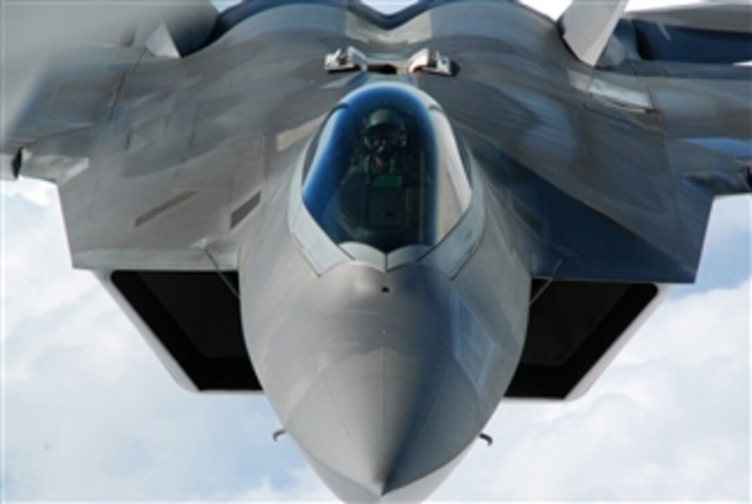 An F-22 Raptor pilot lines up his aircraft to be refueled by a KC-135 Stratotanker on March 31, 2011.  