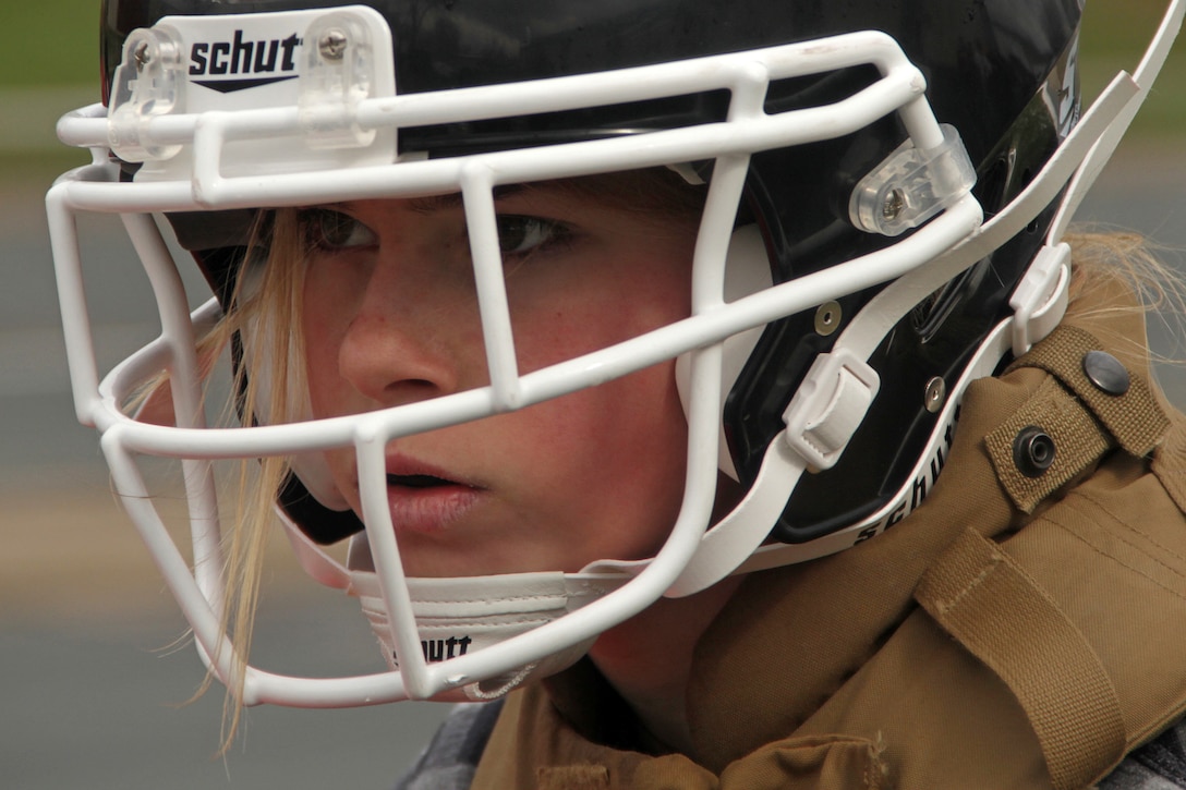 Kaia Hanks, a 16-year-old junior at Minnetonka High School, prepares for the pugil sticks portion of Recruiting Substation Bloomington's Family Day April 16. Hanks is from Excelsior, Minn. For more photos of the event, visit www.facebook.com/rstwincities.