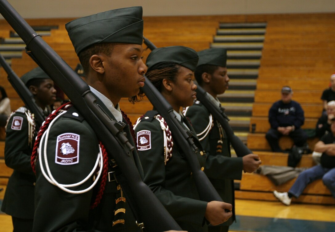 Sumner High School Army JROTC platoon performs their drill routine in a competition hosted by Recruiting Station St. Louis and judged by U.S. Marine Corps Silent Drill Platoon members April 16 at Seckman High School. Sumner took first place in the competition.