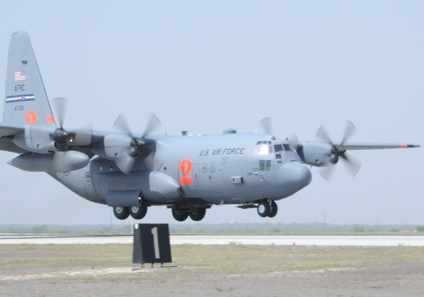 LAUGHLIN AIR FORCE BASE, Texas — A 302nd Airlift Wing C-130, equipped with the U.S. Forest Service Modular Airborne Fire Fighting System, lands here today after conducting an aerial fire fighting mission over Coahuila, Mexico. Two C-130s from the 302nd AW at Peterson Air Force Base, Colo., deployed here at the direction of U.S. Northern Command to support the Mexican government’s ongoing efforts against the Coahuila wildfires. (U.S. Air Force photo by Airman 1st Class Blake Mize)