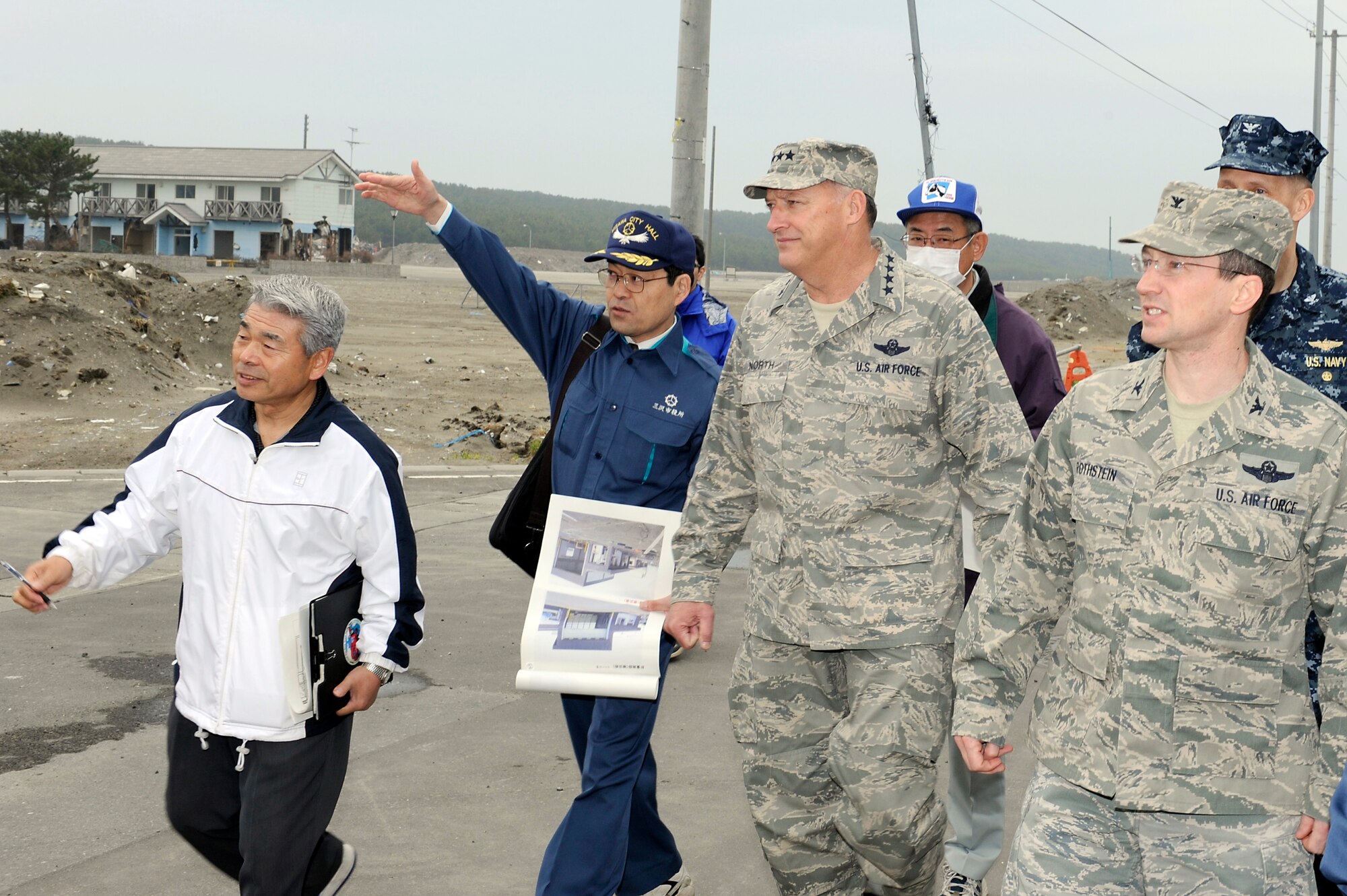 MISAWA AIR BASE, Japan -- Gen. Gary North, Pacific Air Forces commander, tours the Misawa City Port April 16. General North addressed servicemembers and expressed his gratitude for their quick response to the natural disaster and subsequent recovery operations. (U.S. Air Force photo by Staff Sgt. Marie Brown\Released)