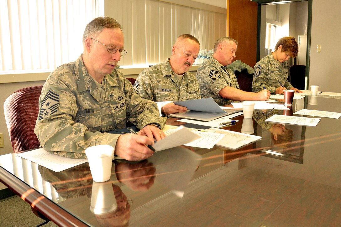 Four Chief Master Sergeants assembled on March 6, 2011 to interview for the 122nd Fighter Wing Command Chief Master Sergeant position in Ft. Wayne, Ind.  The interview panel consisted of Command Chief Master Sgt. Michael Dalton, Michigan State Command Chief Master Sgt. and the Enlisted Field Advisory Council chairman, Command Chief Master Sgt. Darrell Newman, Indiana State Command Chief Master Sgt., Command Chief Master Sgt. Dennis Witte, current 122nd Fighter Wing Command Chief Master Sgt., and Chief Master Sgt. Judi Tinnel, Indiana State Human Resource Advisor.  The panel will interview four possible candidates and present their findings to 122nd Fighter Wing Commander Col. David Augustine.