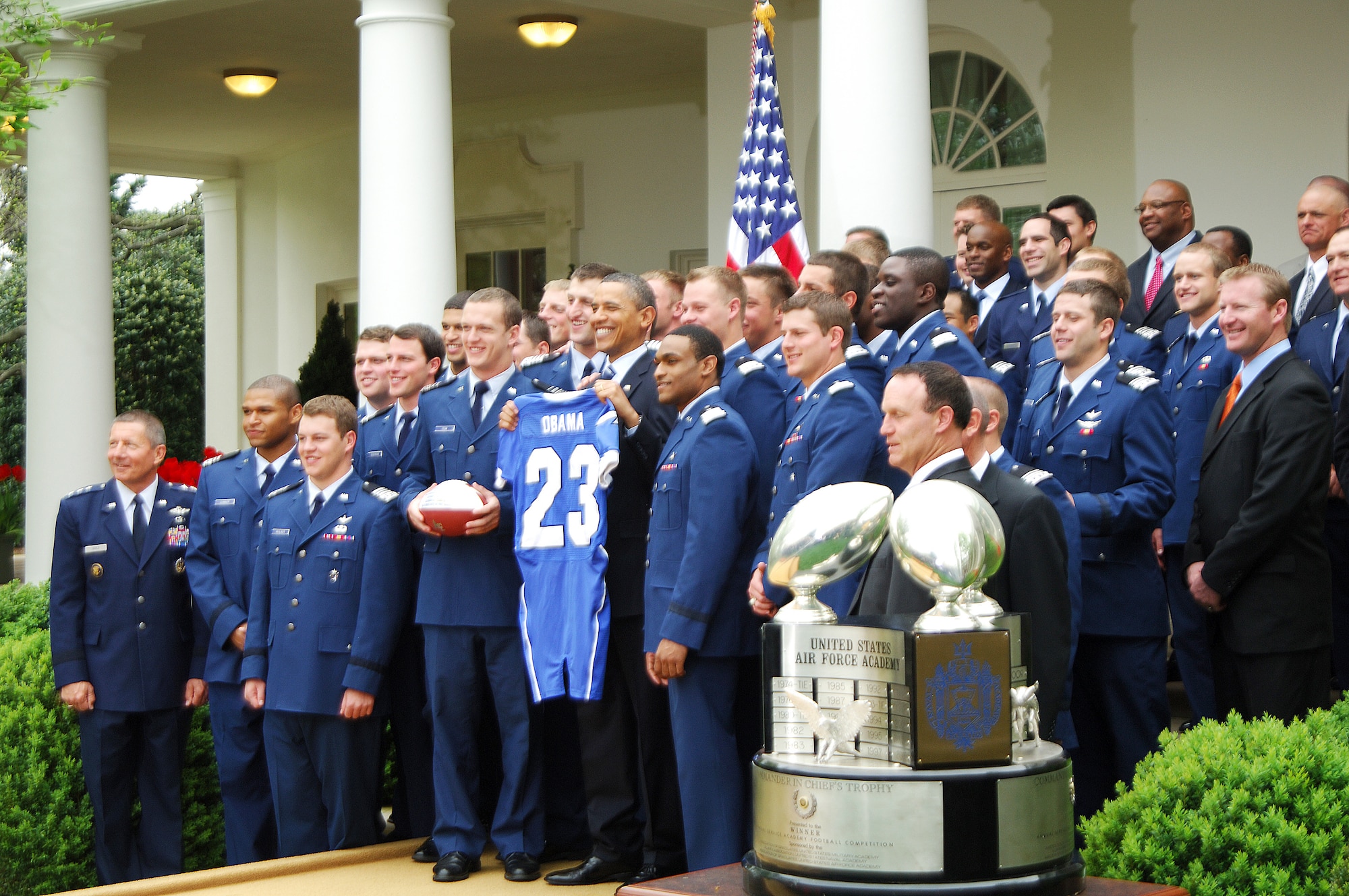 President Barack Obama poses with members of the 2010 Air Force Academy football team after presenting them with the Commander-in-Chief's Trophy at the White House Monday, April 18, 2011.  This is the 17th time the Falcons have won the trophy and the first since 2002.  (U.S. Air Force photo/Staff Sgt. Raymond Hoy)
