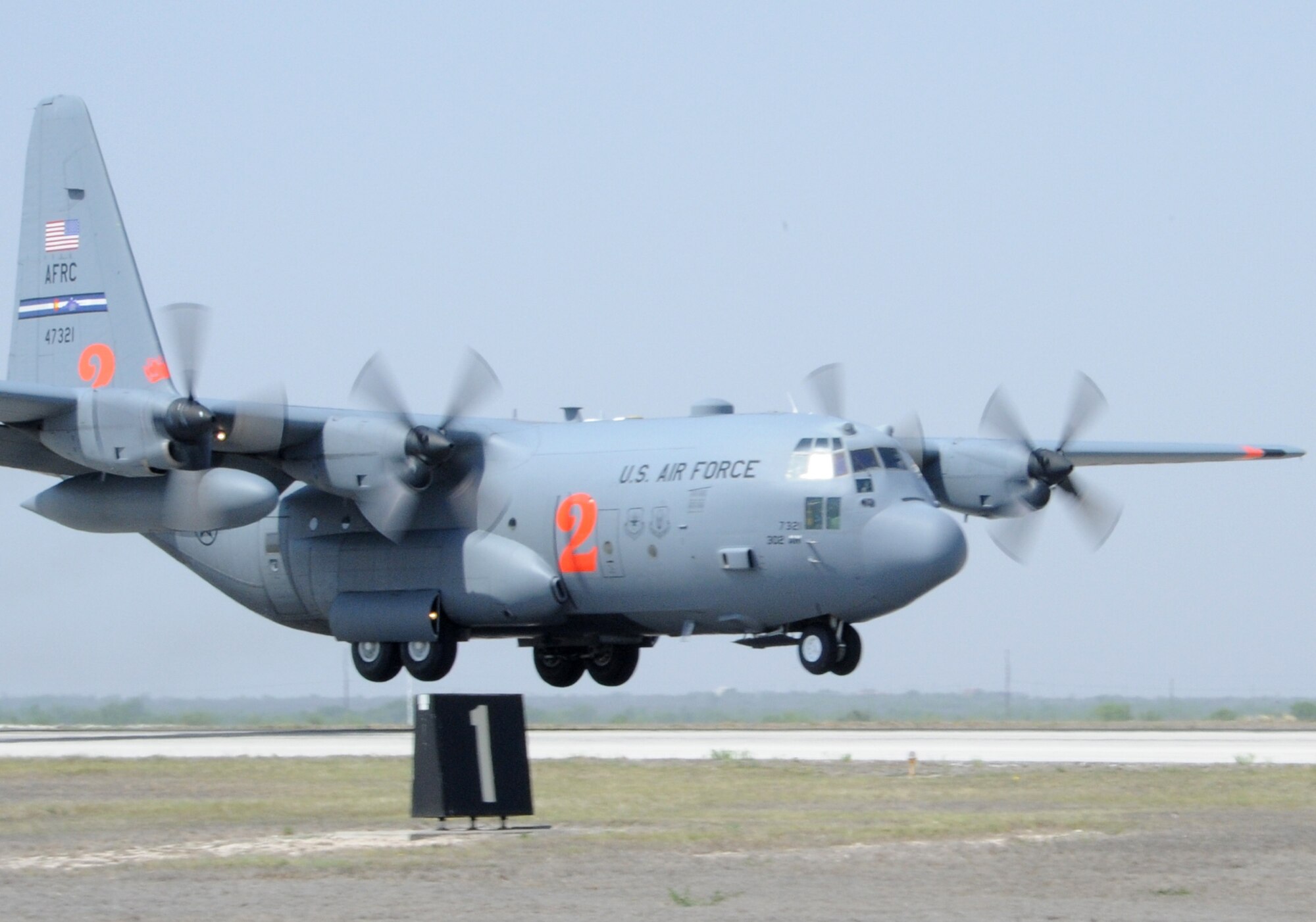 A C-130 Hercules, equipped with the U.S. Forest Service Modular Airborne Fire Fighting System, lands April 16, 2011, at Laughline Air Force Base, Texas. Two C-130s conducted an aerial fire fighting mission over Coahuila, Mexico. The C-130s from the 302nd AW at Peterson Air Force Base, Colo., deployed here at the direction of U.S. Northern Command to support the Mexican government's ongoing efforts against the Coahuila wildfires. (U.S. Air Force photo/Airman 1st Class Blake Mize)
