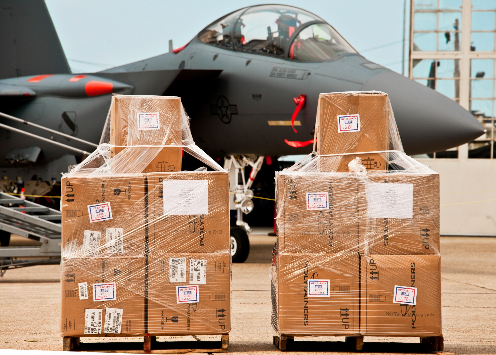 Pallets of boxes filled with goodie bags are ready to send overseas to deployed personnel.  More than 180 volunteers participated in the Jack Daniel's/USO Toast to the Troops Program by assembling thousands of Operation USO Care Packages April 15. More than 150,000 care packages have been sent to troops through this program since 2005. (USAF photo/Samuel King Jr.)     

