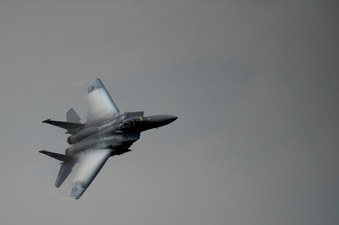 An F-15E Strike Eagle pilot demonstrates the aircraft's maneuverability April 9, 2011, during the Charleston Air Expo at Joint Base Charleston S.C. The F-15E is a multirole fighter capable of air-to-surface and air-to-air combat. (U.S. Air Force photo/Airman 1st Class James Richardson) 