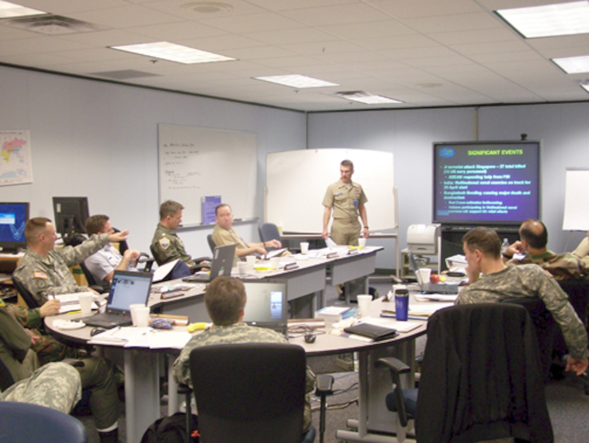 Students from five military senior-level colleges take part in seminar discussions as part of Joint Land, Air and Sea Strategic Exercise held annually at Maxwell. The exercise kicks off today. (Courtesy photo)