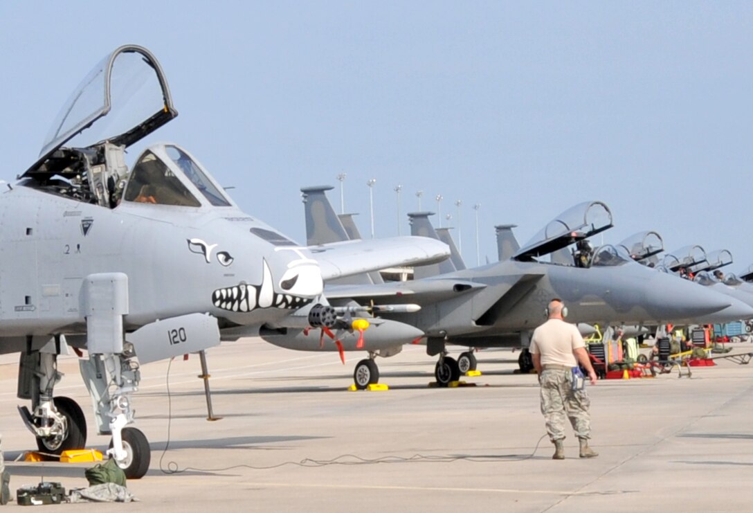An A-10 Warthog sits on the ramp at Tyndall Air Force Base, Fla. alongside the 104th Fighter Wing’s F-15s Eagles as they participate in Exercise COMBAT ARCHER, during the Weapons System Evaluation Program.  The exercise allows pilots and maintainers valuable training in the employment of live air-to-air munitions and tests the capabilities of the weapon systems. (photo by Master Sgt. Mark Fortin, 104th FW/PA)

