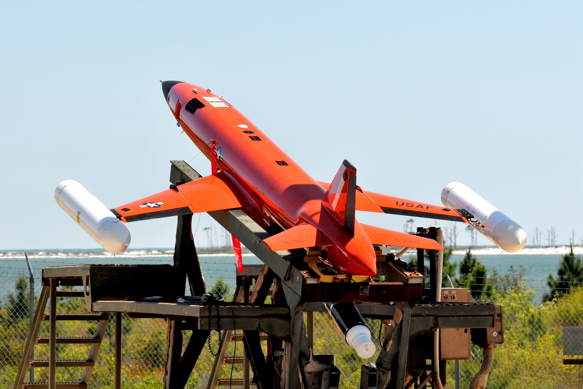 110413-F-TY646-153: BGM167A Drone sits on the Rocket Assisted Take Off (RATO) launcher, in preparation for launch.  The drone serves as primary target for the 104th Fighter Wing’s F-15s who are participating in Exercise COMBAT ARCHER during the Weapons System Evaluation Program at Tyndall AFB Fla.  The exercise allows pilots and maintainers valuable training in the employment of live air-to-air munitions and tests the capabilities of the weapon system. (photo by Master Sgt. Mark Fortin, 104th FW/PA)