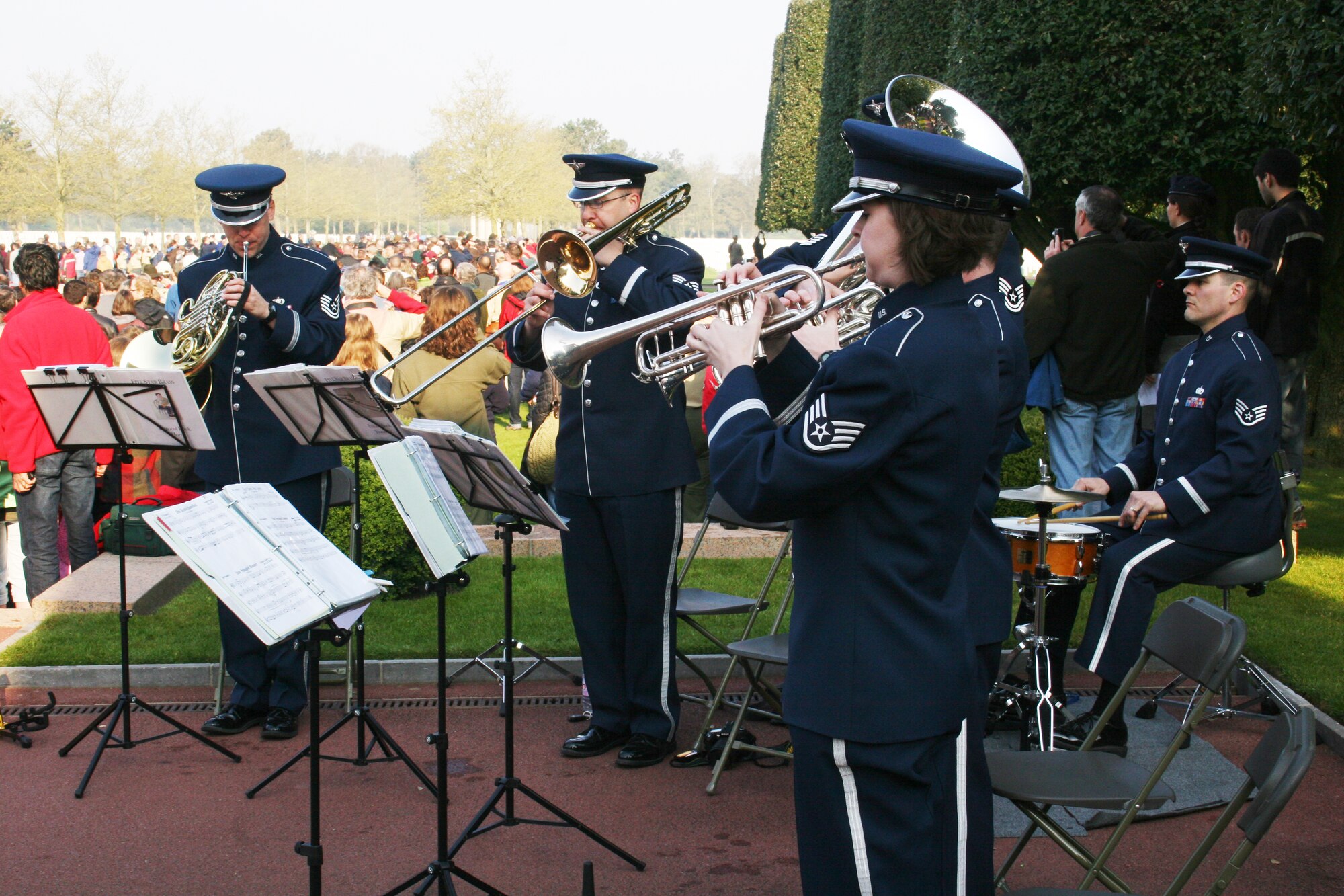 NORMANDY, France -- Members of Five Star Brass, U.S. Air Forces in Europe Band, entertain attendees at the Boy Scouts of America Transatlantic Council's triennial Normandy Camporee. More than 3,000 people attended the event April 15-17. (U.S. Air Force photo/Lt. Col. Pamela A.Q. Cook)