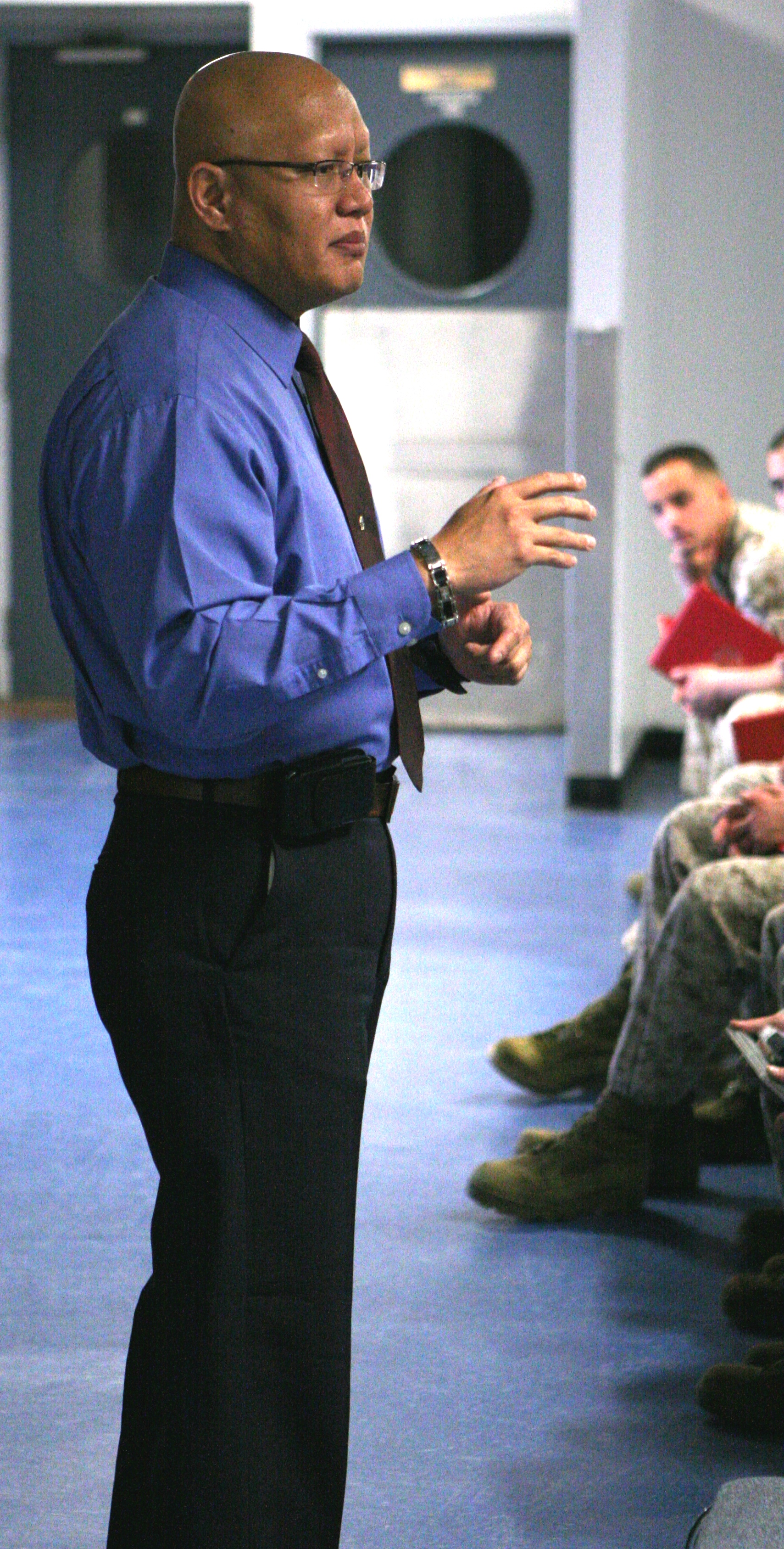 J.R. Pagtalunan, chief of police at Marine Corps Support Facility New Orleans, explains the purpose and duties of the newly formed Marine Corps Security Augment Force at the first class’ graduation, April 18, at Marine Forces Reserve Headquarters, here.