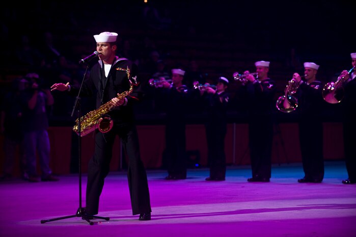 LAS VEGAS -- A member of the U.S. Navy Band Southwest performs during the International Tattoo at the Thomas & Mack Center April 15. The international tattoo is a show celebrating the contribution of America's armed forces. (U.S. Air Force photo by Senior Airman Brett Clashman)