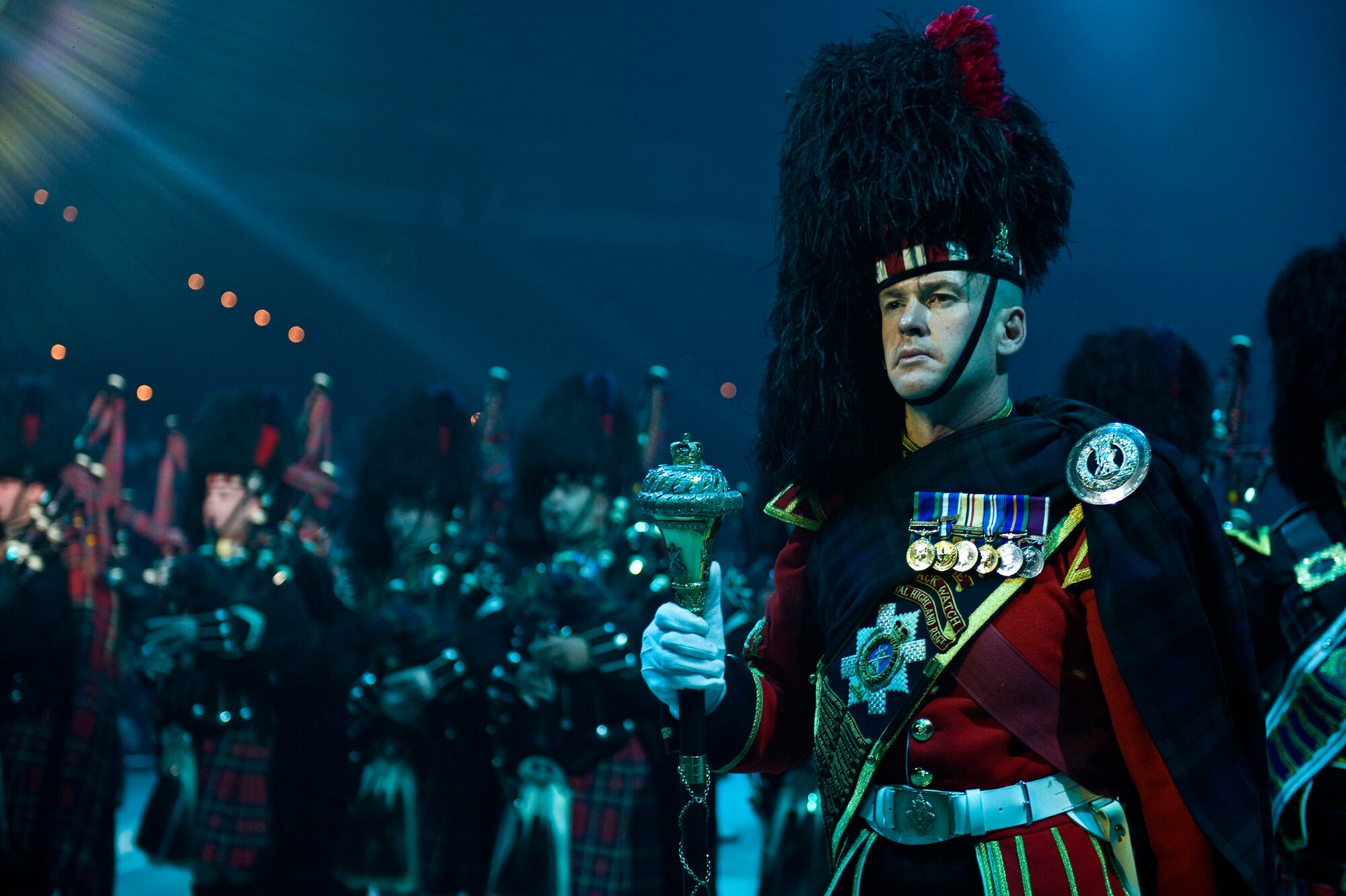 LAS VEGAS -- The Pipes & Drums, The Scots Guards police band, performed during the International Tattoo at the Thomas & Mack Center April 15. The international tattoo is a show celebrating the contribution of America's armed forces. (U.S. Air Force photo by Senior Airman Brett Clashman)