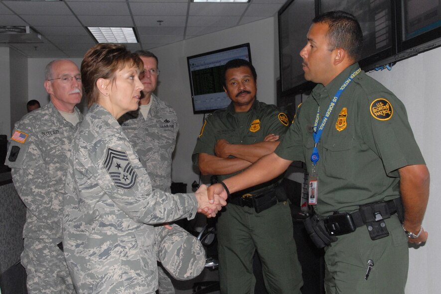 Chief Master Sgt. Denise Jelinski-Hall makes a stop at U.S. Customs and Border Patrol (CBP) April 1, as part of a two-day tour along the southern Arizona border. The tour included stops to other federal law enforcement agencies and entry identification team (EIT) sites. Each agency provided an in-depth look at border operations and contributions Arizona Guardsmen are making. (U.S. Air Force photo/Master Sgt. Desiree Twombly)