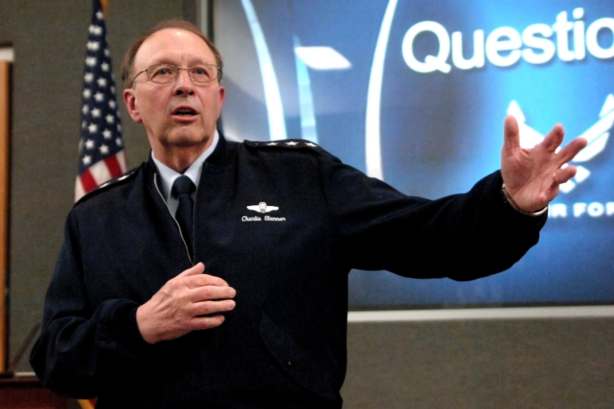 GRISSOM AIR RESERVE BASE, Ind. -- Lt. Gen. Charles E. Stenner, Jr., Chief of Air Force Reserve and Air Force Reserve Command commander, speaks to 434th Air Refueling Wing personnel at a town hall meeting here about the state of the Air Force Reserve, key objectives and focus areas, force management changes, and future leadership possibilities. General Stenner, who was touring several AFRC units throughout the Midwest, met with local civic leaders and Col. William T. "Tim" Cahoon, 434th ARW commander, before the town hall meeting. (U.S. Air Force photo/Tech. Sgt. Doug Hays)
