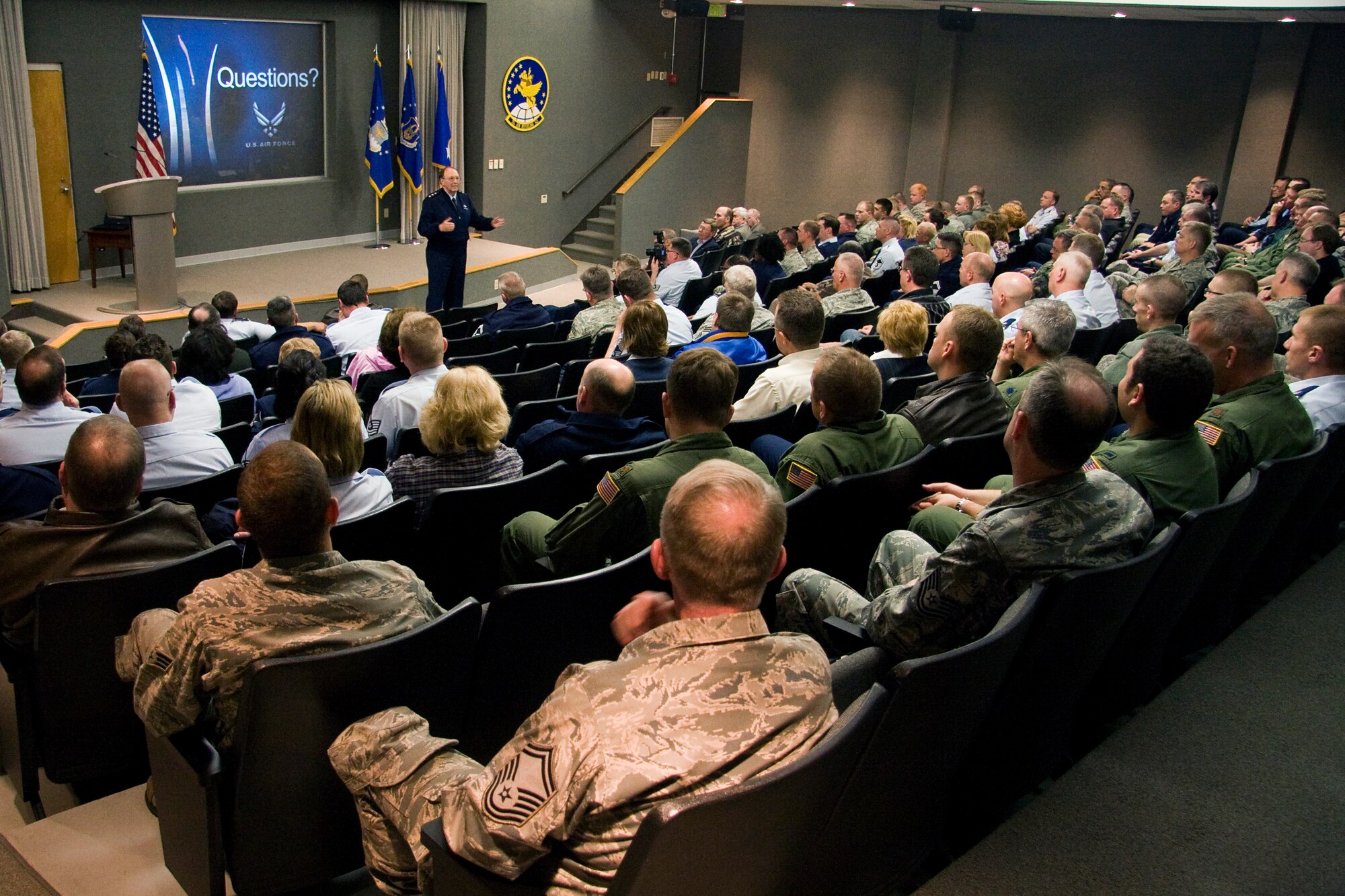 GRISSOM AIR RESERVE BASE, Ind. -- Thanking the men and women of the 434th Air Refueling Wing Lt. Gen. Charles E. Stenner, Jr., wraps up a town hall meeting held at Grissom Air Reserve Base, Ind., April 18. General Stenner, who is the Chief of Air Force Reserve and Air Force Reserve Command commander, called said the 434th ARW and aerial refueling were invaluable to the Air Force mission. (U.S. Air Force photo/Tech. Sgt. Mark R. W. Orders-Woempner)
