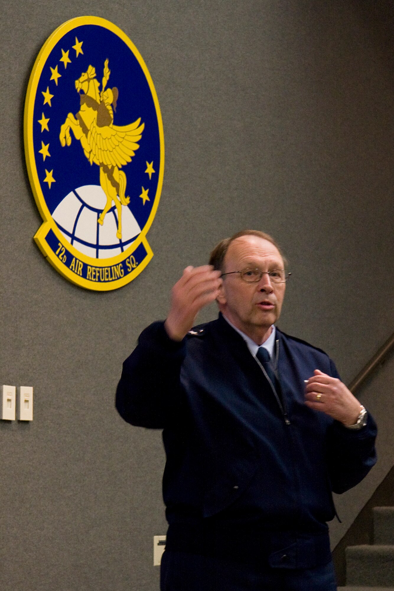 GRISSOM AIR RESERVE BASE, Ind. -- Lt. Gen. Charles E. Stenner, Jr., speaks to Airmen and base personnel about the state of the Air Force Reserve during a town hall meeting held at Grissom April 18. General Stenner, who is the Chief of Air Force Reserve and Air Force Reserve Command commander, addressed the state of the Air Force Reserve, key objectives and focus areas, force management changes, and future leadership possibilities before opening the event up for questions.  (U.S. Air Force photo/Tech. Sgt. Mark R. W. Orders-Woempner)
