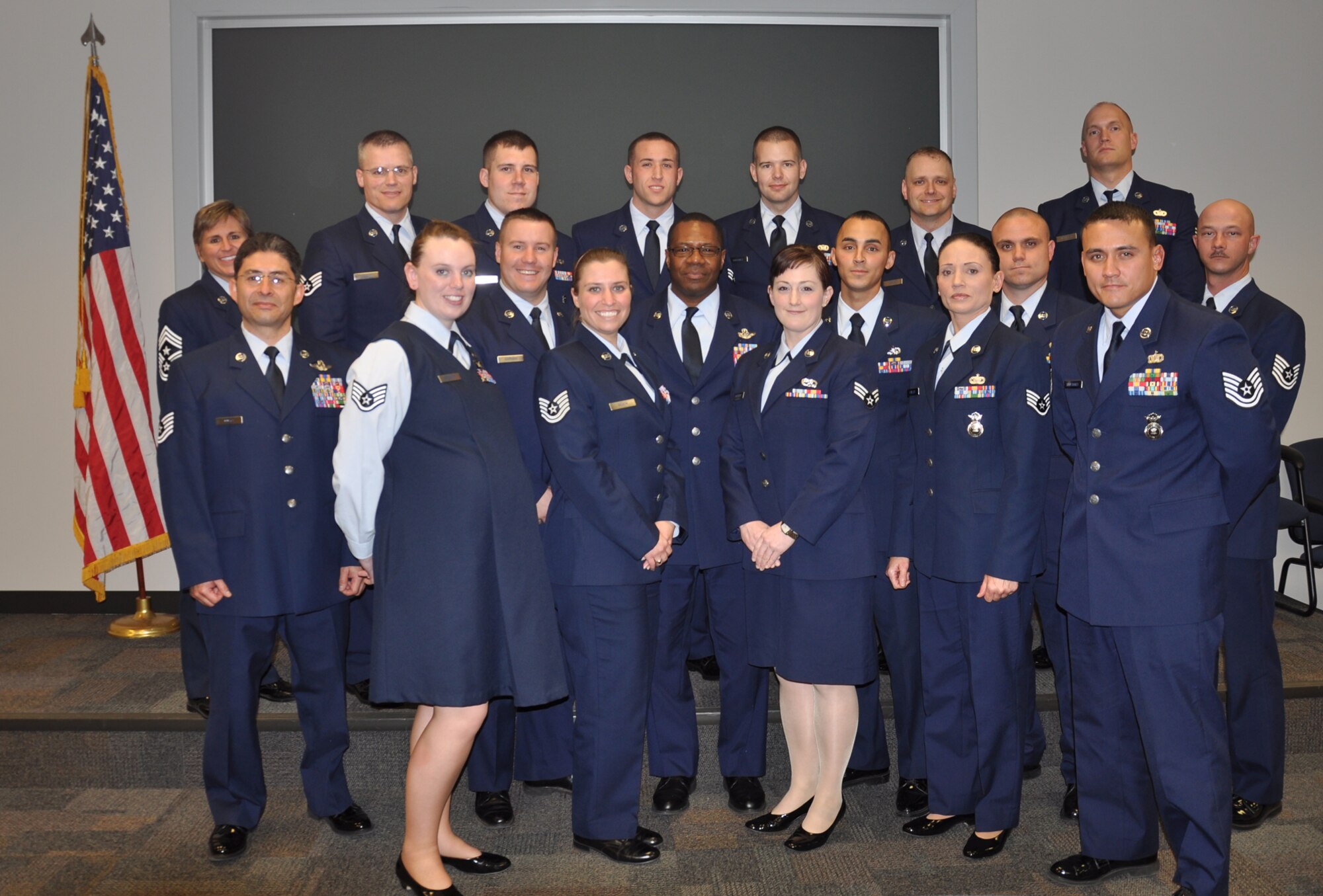 WRIGHT-PATTERSON AIR FORCE BASE, Ohio - Seventeen reservists from various 445th Airlift Wing units graduated April 15 from the 10-day NCO Leadership Development Course. Topics covered included leadership, management, military heritage, communication, effective listening, counseling and stress management. (U.S. Air Force photo/Stacy Vaughn)