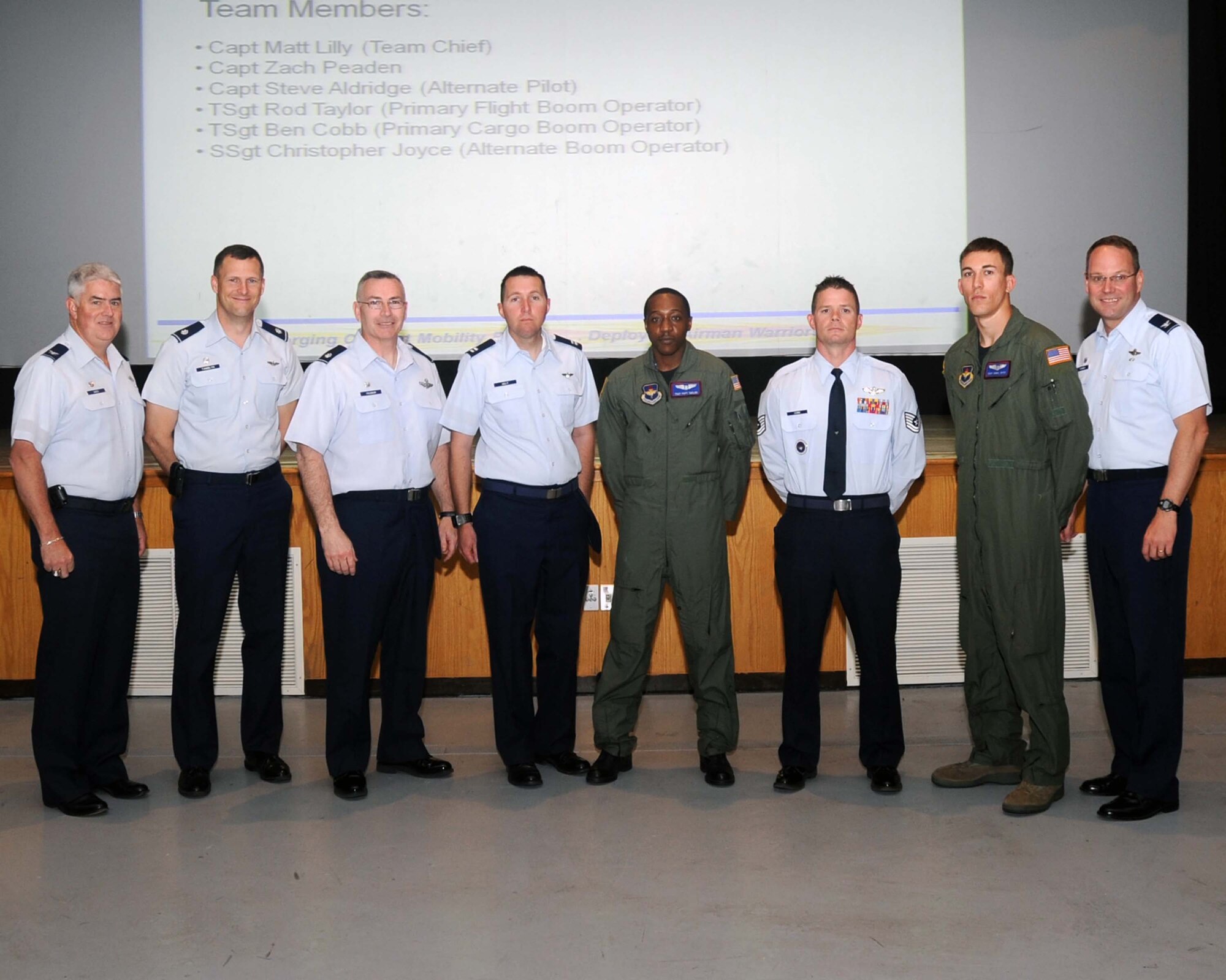 ALTUS AIR FORCE BASE, Okla.— Col. John S. Oates, 97th Operations Group commander, and Col. Jon T. Thomas, 97th Air Mobility Wing commander, stand with the members of the 97th AMW Rodeo Red River Riders KC-135 Stratotanker Aircrew Team for the 2011 Air Mobility Command Rodeo.  The AMC Rodeo is a mobility rodeo competition between units from around the world that will be held at Joint Base Lewis-McChord, Wash. July 23-30. From the 54th Air Refueling Squadron, 97th OSS and Detatchment 3, team chief Capt. Matt Lilly, and team members Captains Zach Peaden, Steve Aldridge, Tech. Sergeants Rod Taylor, Ben Cobb, and Staff Sgt. Christopher Joyce, will be competing in the tanker air-to-air refueling competition, tanker cargo loading, and in the unfamiliar instrument approach competition. (U.S. Air Force photo/Senior Airman Leandra D. Stepp)