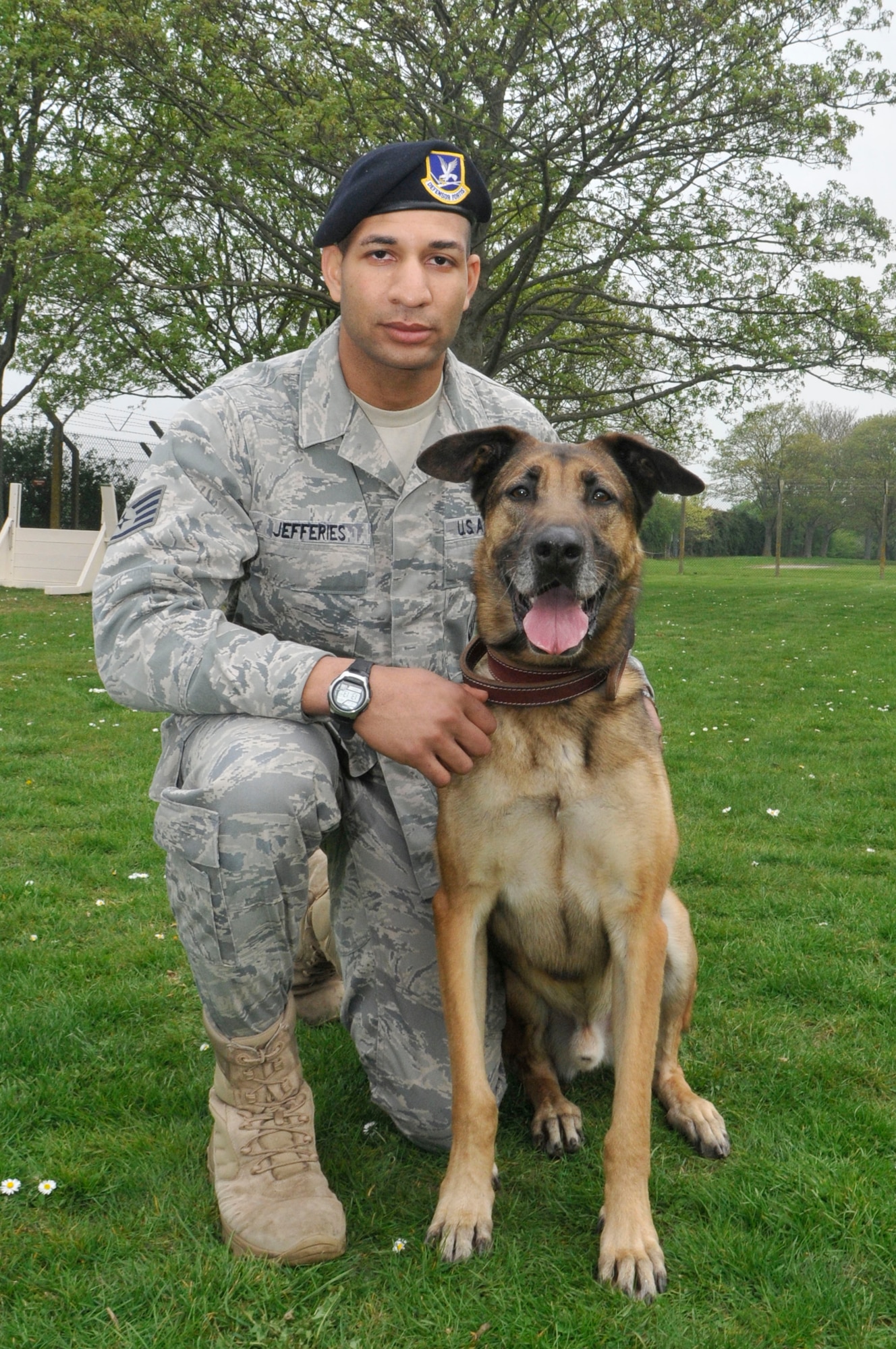 Staff Sgt. Tolbert Jefferies and military working dog Santo, 48th Security Forces Squadron military working dog team, was nominated for a Liberty Spotlight because they display the core values of 'Integrity First' and 'Excellence in All We Do'. (U.S. Air Force photo/Senior Airman Eboni Reams)