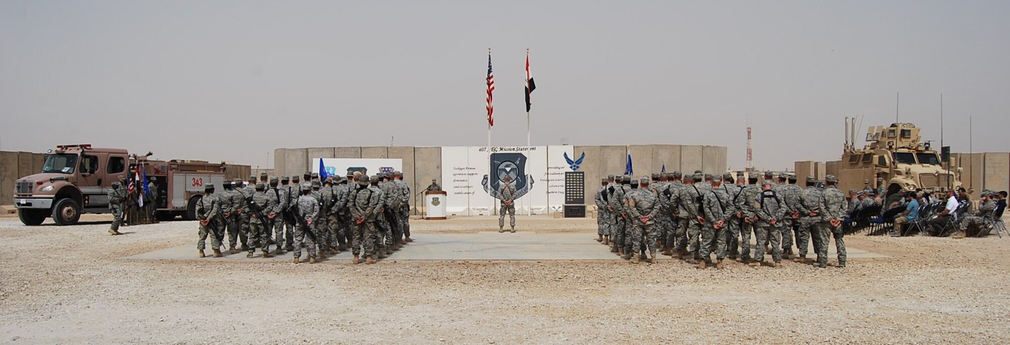 ALI AIR BASE, Iraq -- More than 75 servicemembers and civilians attended the 407th Air Expeditionary Group's change of command ceremony April 16. Col. Theodore Mathews Jr., a veteran KC-135 Stratotanker pilot with more than 4,000 flight hours, took command of the group from Col. Jim Johnson, who served as the commander since October 2010.  (U.S. Air Force photo/Staff Sgt. Ben Harper)