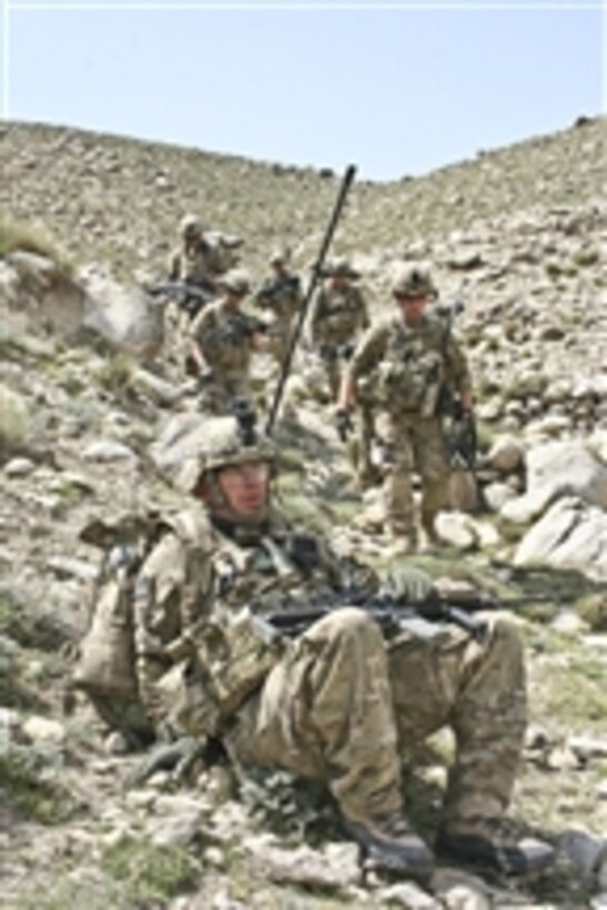 U.S. Army 2nd Lt. Taylor Gingrich takes a breather after descending a mountain ridge in the Galuch valley of Laghman province, Afghanistan, on March 27, 2011.  Gingrich is the leader of the Iowa Army National Guard's 2nd Platoon, Alpha Company, 1st Battalion, 133rd Infantry Regiment, Task Force Ironman, a part of the 2nd Brigade Combat Team, 34th Infantry Division, Task Force Red Bulls.  