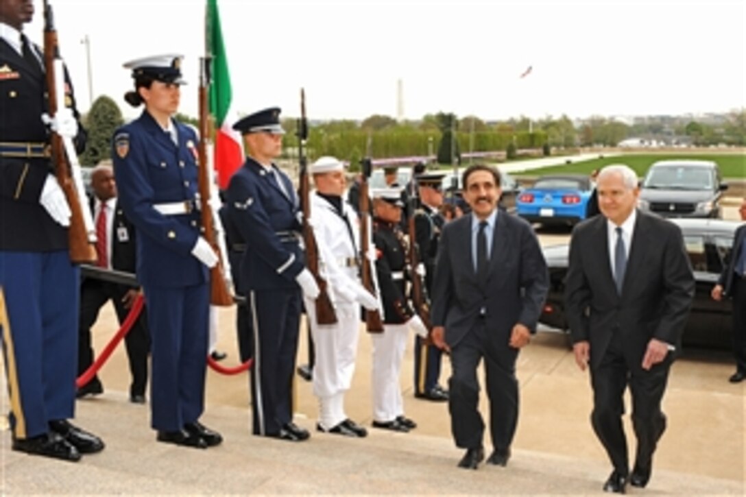 Italian Defense Minister Ignazio LaRussa (2nd from right) arrives at the Pentagon for a working luncheon meeting with Secretary of Defense Robert M. Gates (right).   