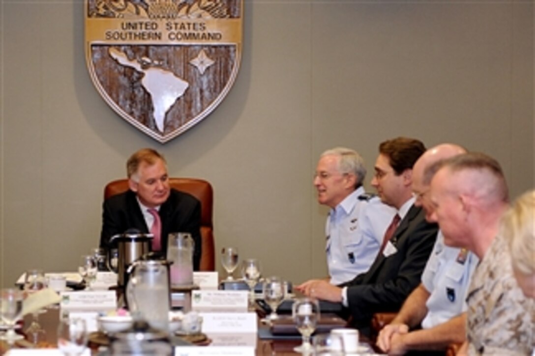 Deputy Secretary of Defense William J. Lynn III meets with U.S. Southern Command Commander Gen. Douglas Fraser and the Joint Directors during a visit to headquarters U.S. Southern Command in Miami, Fla., on April 18, 2011.  