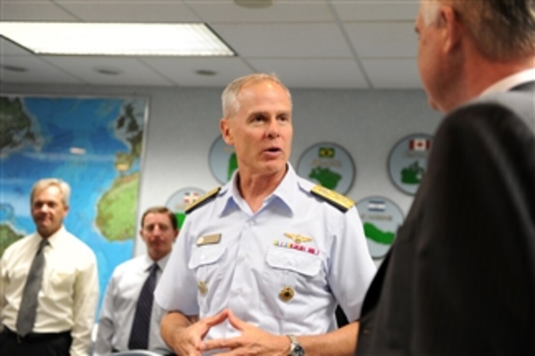 Deputy Secretary of Defense William J. Lynn III meets with Joint Interagency Task Force South Command Rear Adm. Daniel Lloyd during a visit to the Joint Interagency Task Force South headquarters in Key West, Fla., on April 18, 2011.  