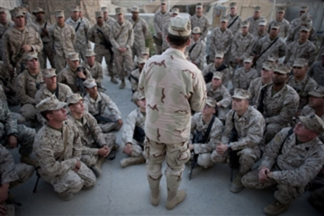 Chairman of the Joint Chiefs of Staff Adm. Mike Mullen, U.S. Navy, addresses U.S. Marines at Forward Operating Base Jackson, Afghanistan, on April 19, 2011.  Mullen is in the Central Command area of operation supporting a USO tour to the region and visiting counterparts and service members stationed in the area.  