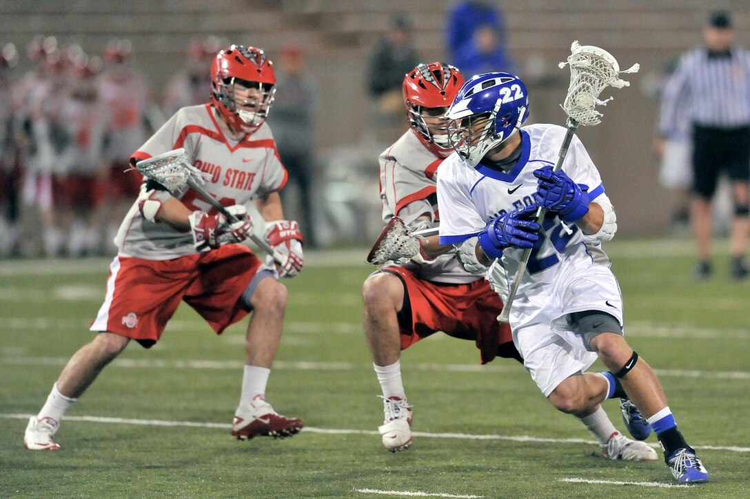 Falcons junior attacker Adam Paranka maneuvers around defensemen during action against the Ohio State Buckeyes April 17, 2011, at Falcon Stadium in Colorado Springs, Colo. (U.S. Air Force photo/Ray McCoy)