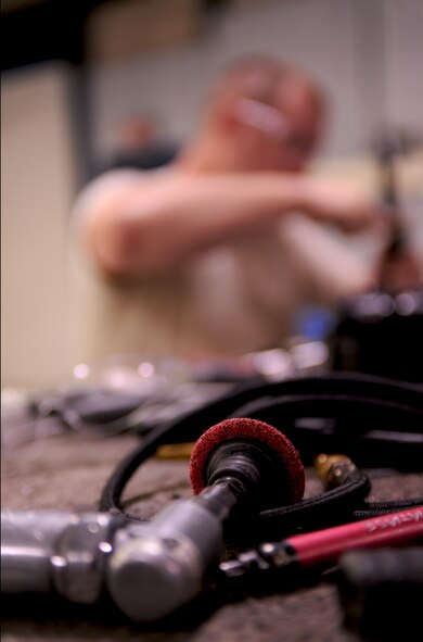 Tools prepare to be inspected by an Airman from the 23rd Equipment Maintenance Squadron during a weekly inspection at Moody Air Force Base, Ga., April 20. During the inspection, corrosion is sanded away and each tool is check for operability and debris before the toolbox inspection can be logged as complete. (U.S. Air Force photo/Airman 1st Class Benjamin Wiseman)(RELEASED)
