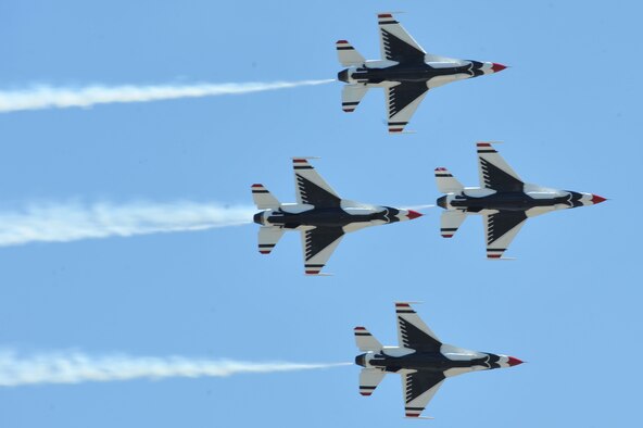 SEYMOUR JOHNSON AIR FORCE BASE, N.C. -- The U.S. Air Force Thunderbirds perform their signature diamond flight during the Wings Over Wayne Air Show and Open House here, April 17, 2011. The Thunderbirds formed in May 1953. (U.S. Air Force photo/Senior Airman Whitney Lambert) (RELEASED)