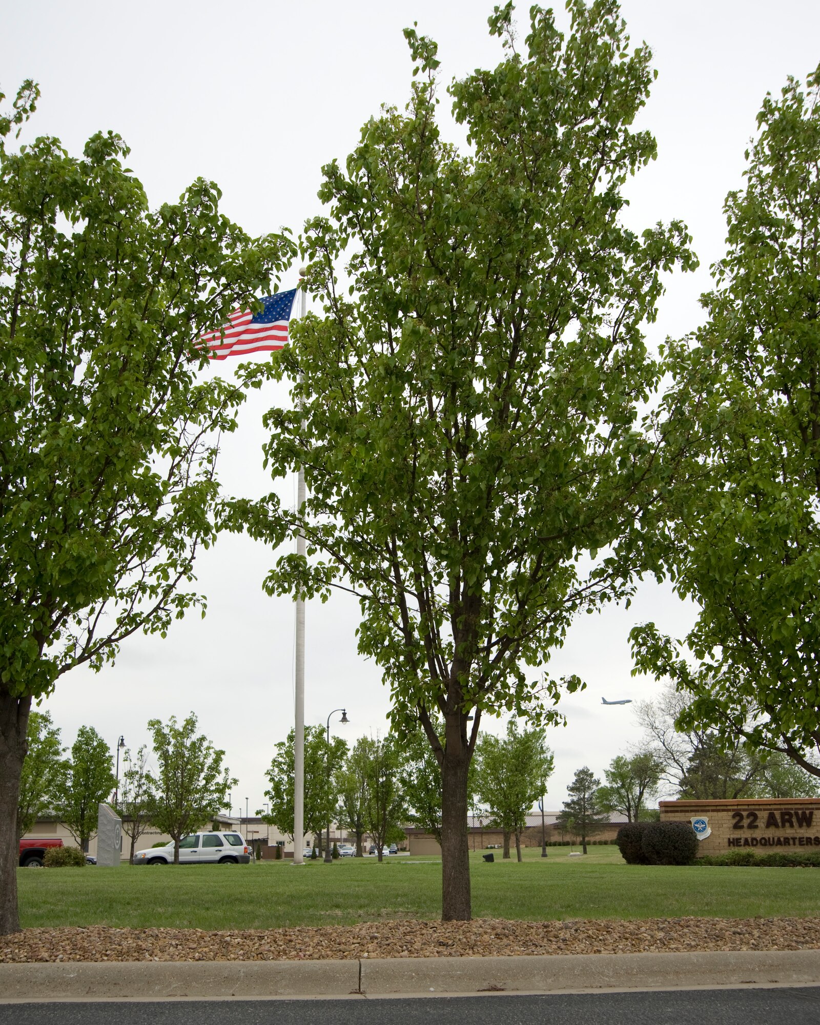 Several Cleveland Pears, Pyrus callenya, line the drive way of the headquarters building April 20, 2011, McConnell Air Force Base, Kan.. McConnell plans to host an Arbor Day celebration recognizing the contributions trees make to the environment. (U.S. Air Force photo/Airman 1st Class Armando A. Schwier-Morales)