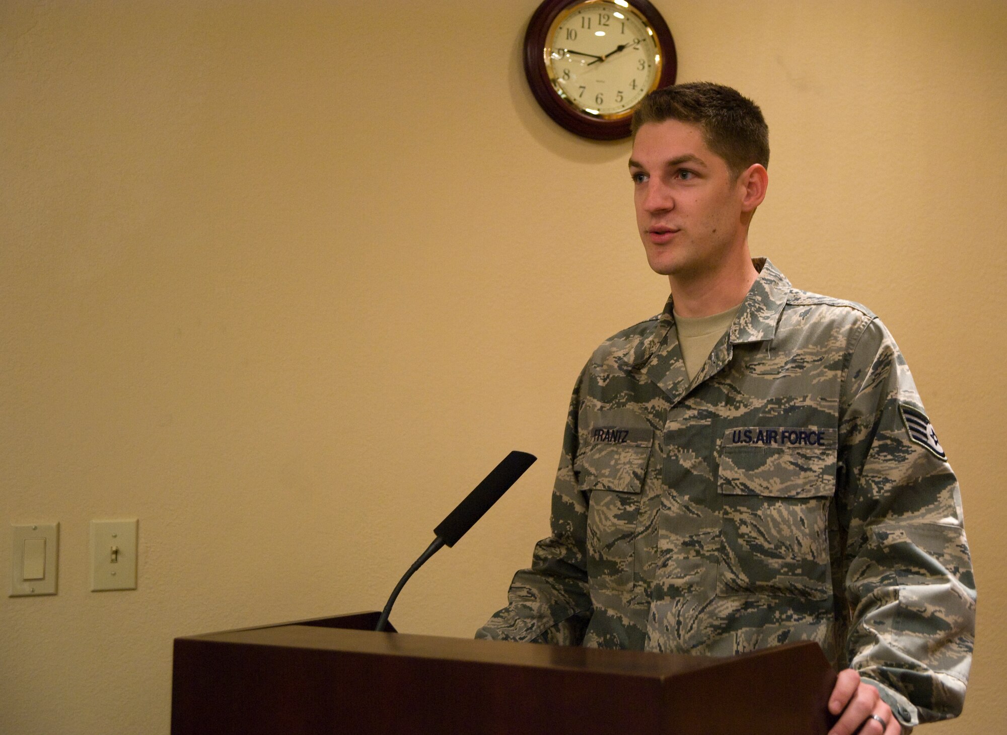 Staff Sergeant Eric Frantz, 22nd Air Refueling Wing Commanders Action Group assistant NCOIC, prepares a unit mission brief for distinguished visitors, April 20, 2011, McConnell Air Force Base, Kan. The Lafayette, Ind. native also is responsible for the All Calls and other strategic communication to the wing. (U.S. Air Force photo/Airman 1st Class Laura L. Valentine)  